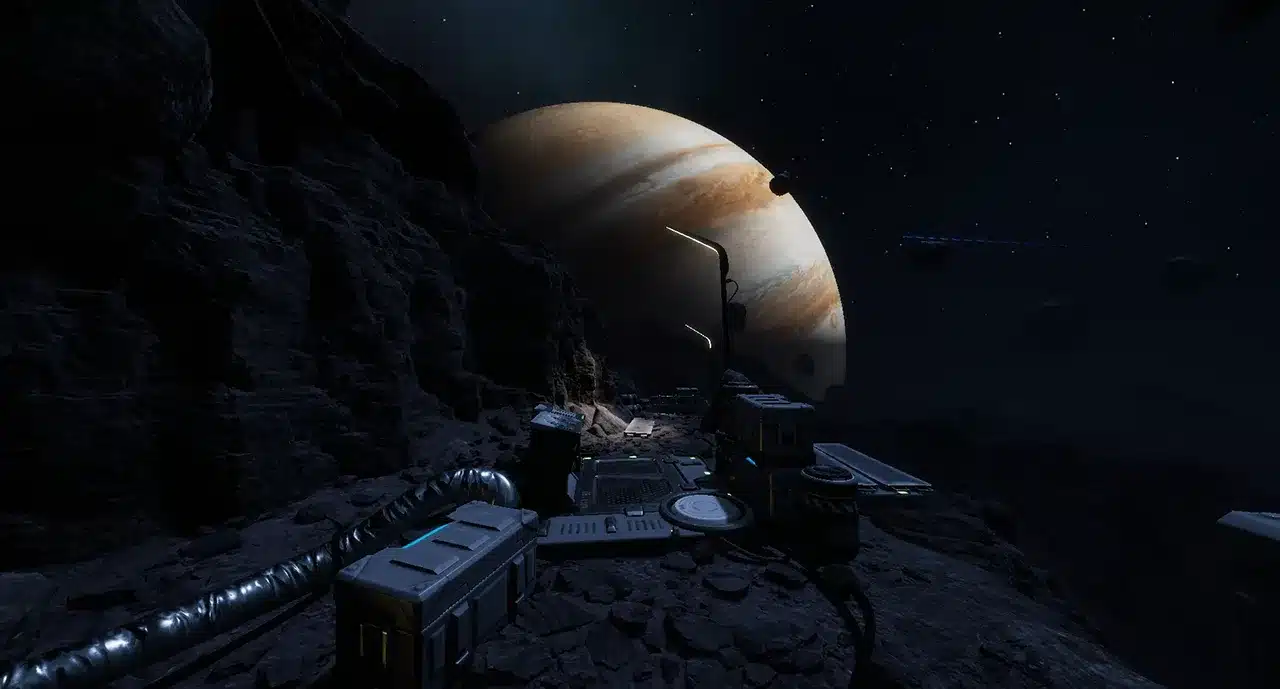 Base spatiale sur une lune rocheuse avec Jupiter en arrière-plan