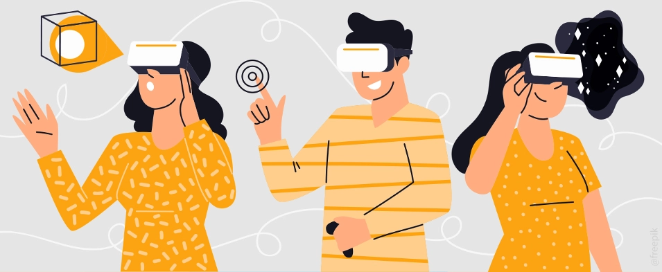 Illustration de trois personnages portant des casques de VR