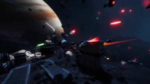 Scène spatiale du jeu VR Ganymède avec avatars et bataille de vaisseaux
