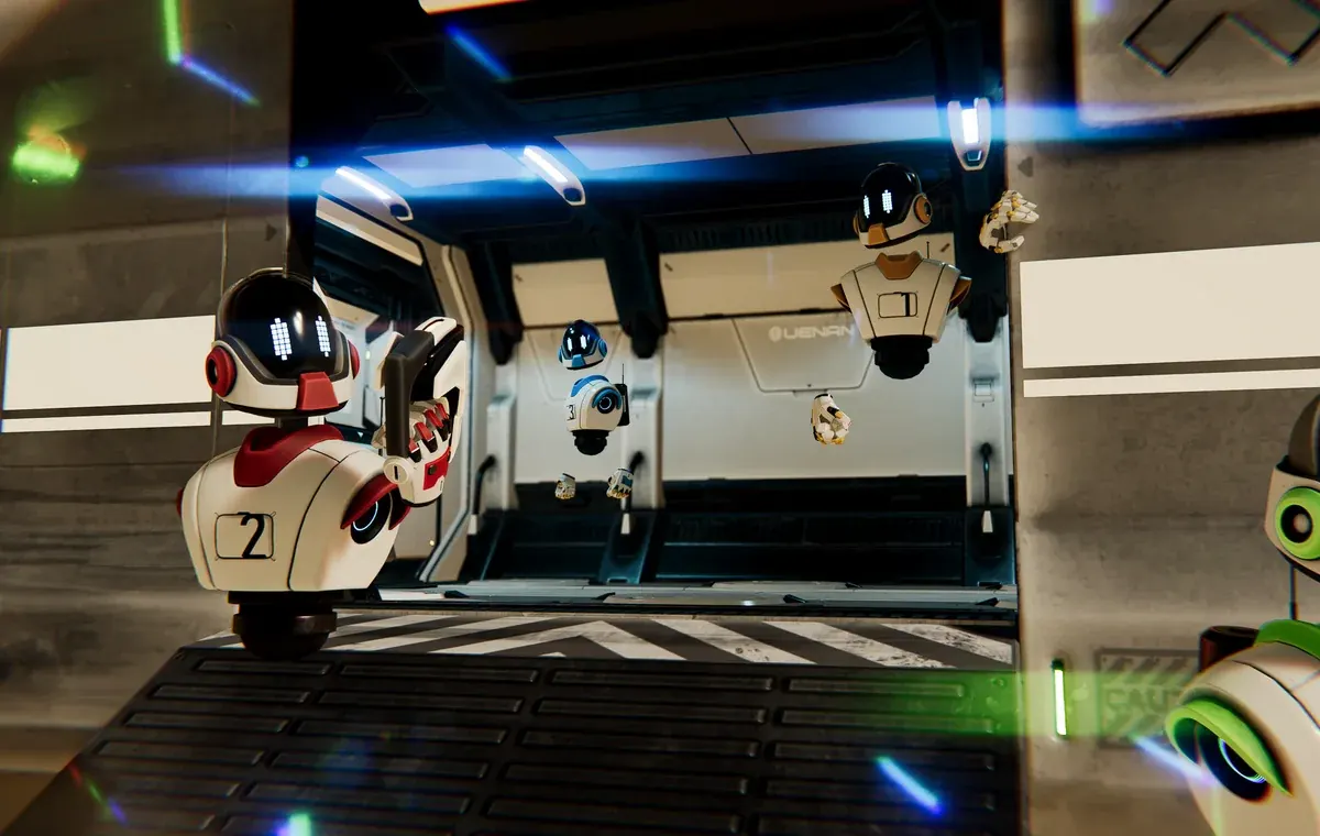 Mission Titan en VR 4D : intérieur du vaisseau, équipage de robots numérotés, The Edge Paris